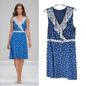 Ann Taylor Factory Blue Floral Ruffle V Neck Sleeveless Knee Length Dress 10